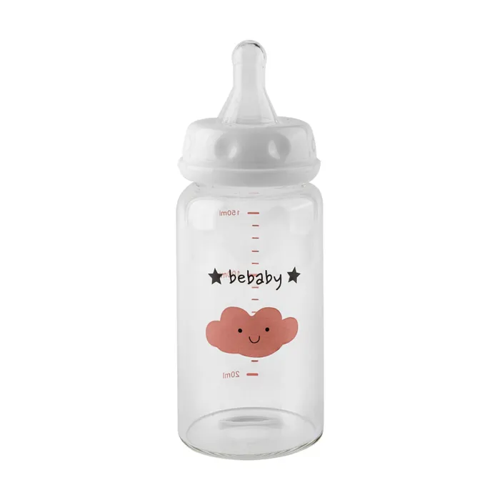 Bebaby Бутылочка стеклянная, антиколиковая,стандартное горлышко, в комплекте силиконовая соска с антиколиковым клапаном, круглая, мини поток, имитирует сосок мамы), 0 мес+ (голубой, розовый), арт.R-05B/150, 150 мл