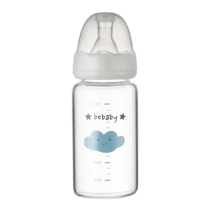 Bebaby Бутылочка стеклянная, антиколиковая,стандартное горлышко, в комплекте силиконовая соска с антиколиковым клапаном, круглая, мини поток, имитирует сосок мамы), 0 мес+ (голубой, розовый), арт.R-05B/150, 150 мл