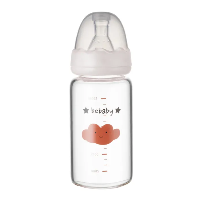 Bebaby Бутылочка стеклянная, антиколиковая,стандартное горлышко, в комплекте силиконовая соска с антиколиковым клапаном, круглая, мини поток, имитирует сосок мамы), 0 мес+ (голубой, розовый), арт.R-05B/150, 150 мл