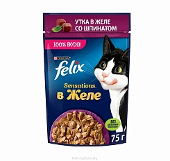 FELIX Sensations в желе Корм консервированный полнорационный для взрослых кошек, с уткой в желе со шпинатом, 75 гр