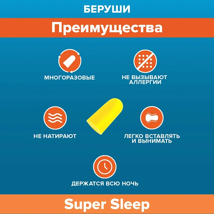 SOUND BLOCK Вкладыши ушные – Беруши, модель: "Super Sleep" из вспененного полиуретана 2 пары