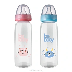 Bebaby Бутылочка пластиковая, антиколиковая, стандартное горлышко, (в комплекте силиконовая соска, круглая, медленный поток, 3 мес+ (голубой, розовый,зеленый), арт.R-06B/240, 240 мл