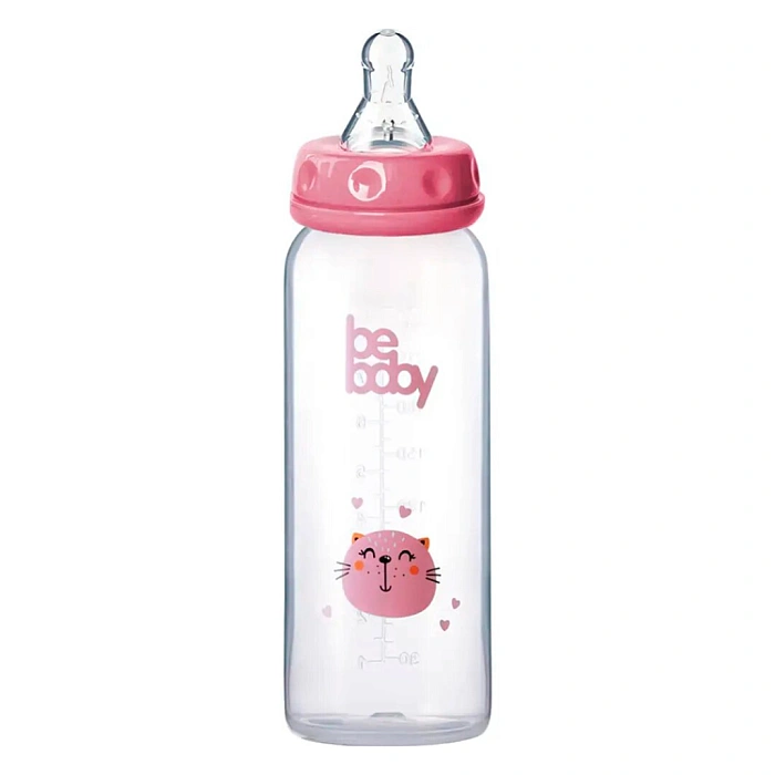 Bebaby Бутылочка пластиковая, антиколиковая, стандартное горлышко, (в комплекте силиконовая соска, круглая, медленный поток, 3 мес+ (голубой, розовый,зеленый), арт.R-06B/240, 240 мл