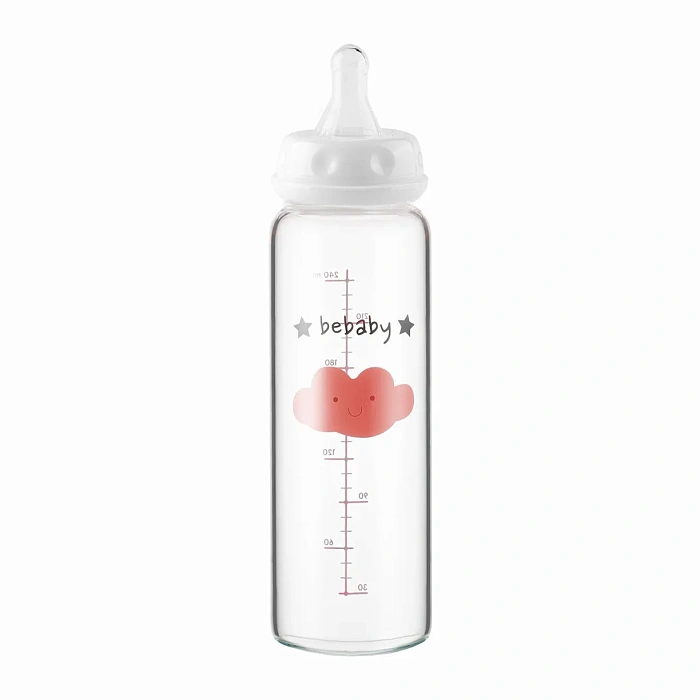 Bebaby Бутылочка стеклянная, антиколиковая, стандартное горлышко, в комплекте силиконовая соска с антиколиковым клапаном, круглая, медленный поток, 3 мес+ (голубой, розовый), арт.R-05B/240, 240 мл