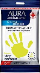 AURA antibacterial  Derma Protect Влажные салфетки очищающие антибактериальные ЛИМОН, 15 шт