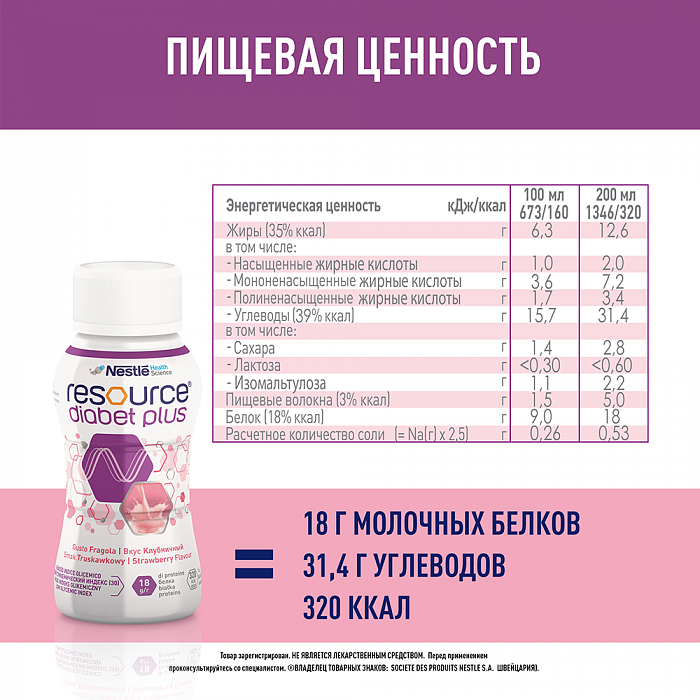 Ресурс Диабет Плюс Специализированный продукт диетического профилактического питания, высококалорийная готовая к употреблению жидкая смесь с пищевыми волокнами со вкусом клубники (для детей от 6 лет и