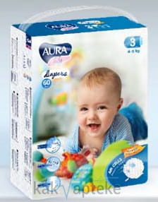 AURA baby Детские одноразовые подгузники ( 3M,4-9 кг), 60 шт