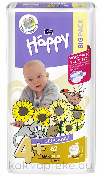 Bella Baby Happy Maxi Plus Подгузники гигиенические для детей (Flexi Fit), 62 шт