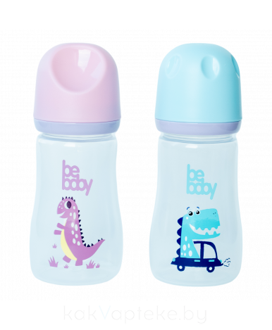 Bebaby  Бутылочка пластиковая, антиколиковая, широкое горлышко, в комплекте силиконовая соска с антиколиковым клапаном, мини поток, 0 мес+ (голубой, розовый) арт.R-01B/150  150 мл