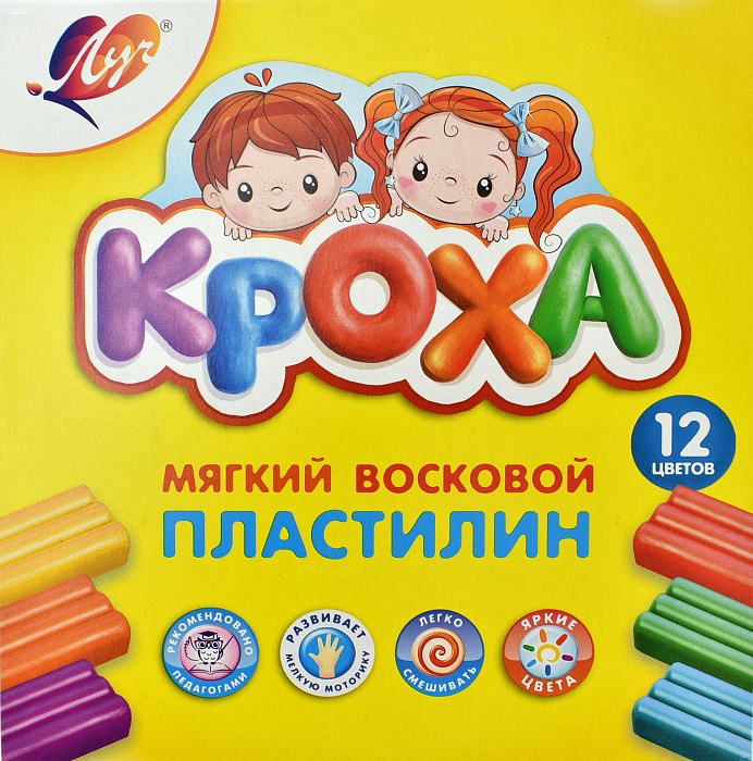 Луч Пластилин классический для лепки и моделирования "Кроха", 12 цв, со стеком, карт. (мягкий)