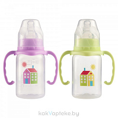 ПОМА Бутылочка 140 мл (ПП, с ручками) с мол.соской (силикон,ср.поток) 4 мес + арт. 3410, 1 шт