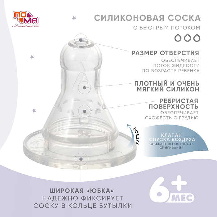 ПОМА Соска молочная силиконовая (быстрый поток) 6+, арт. 311, 1 шт