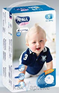 AURA baby Детские одноразовые подгузники ( 5XL, 11-25 кг), 48 шт