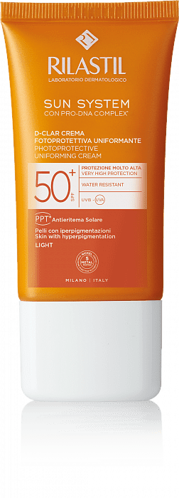 Rilastil SUN SYSTEM D-CLAR Солнцезащитный крем SPF 50+, выравнивающий тон. Для кожи, склонной к гиперпигментации тон светлый, 40 мл