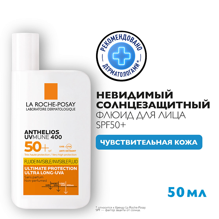 LA ROCHE-POSAY ANTHELIOS UVMUNE 400 Солнцезащитный невидимый флюид для лица SPF 50+ / PPD 42, 50 мл