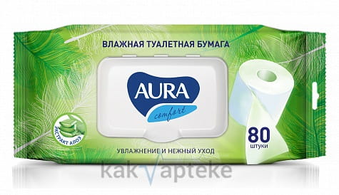 AURA Ultra Comfort Влажная туалетная бумага (алоэ вера  с крышкой) , 80 шт