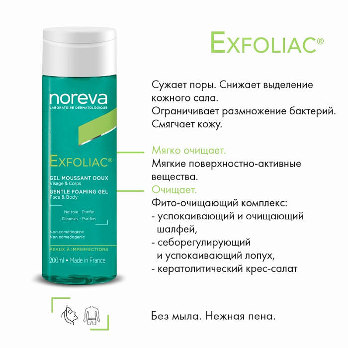 NOREVA ЭКСФОЛИАК Мягкий очищающий гель для лица и тела, 200 мл