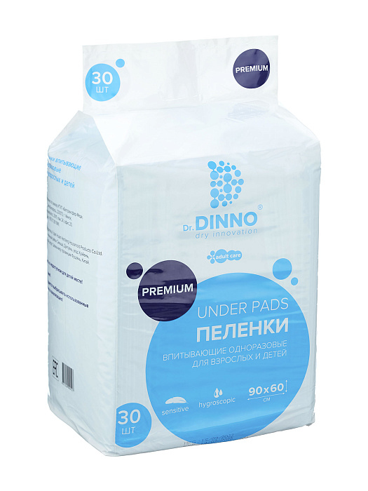 Dr.DINNO Premium Пеленки впитывающие одноразовые для взрослых и детей  60х90 см 30 шт