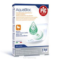 Лейкопластырь медицинский: пластырь Aquabloc стерильный послеоперационный водонепроницаемый с антибактериальной подушечкой, размеры, см: 10 х 8, № 5