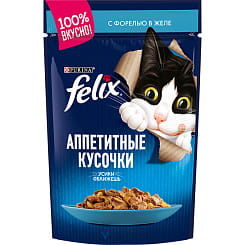 FELIX Аппетитные кусочки Корм консервированный полнорационный для взрослых кошек, с форелью в желе,75 гр