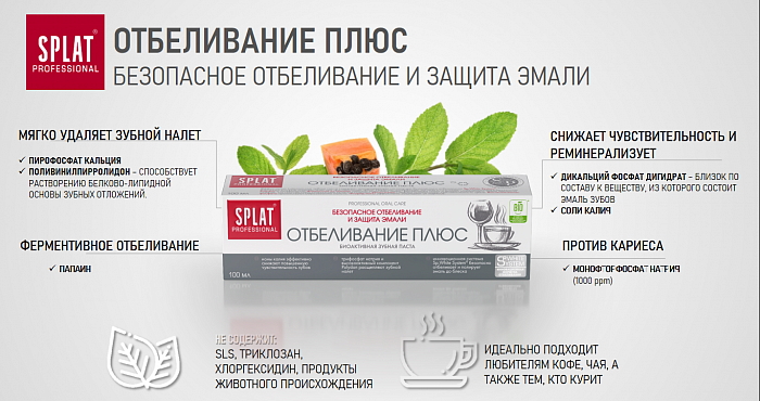 Зубная паста серии Professional SPLAT (СПЛАТ)  WHITE PLUS/ОТБЕЛИВАНИЕ ПЛЮС 100 мл