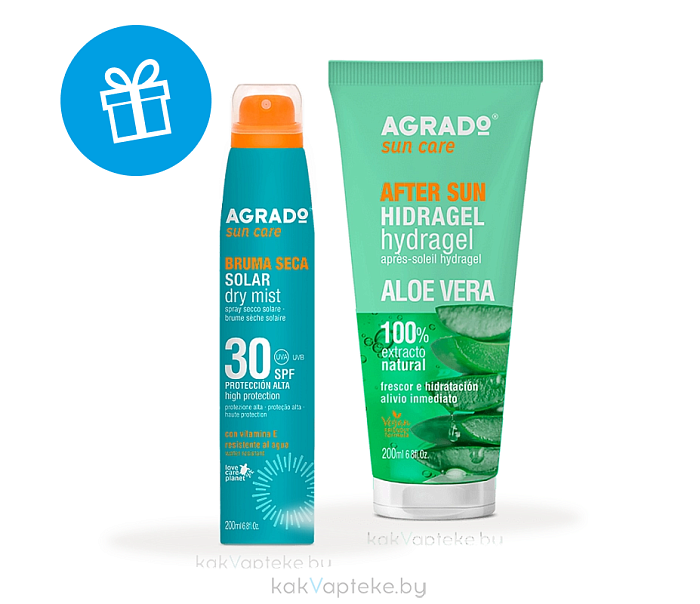 AGRADO Набор косметический: Солнцезащитный сухой мист SPF 30, 200мл + Гидрогель после загара Алоэ Вера, 200мл