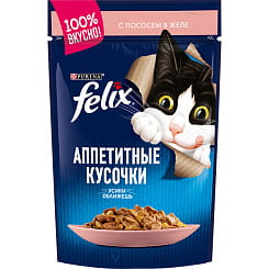 FELIX Аппетитные кусочки Корм консервированный полнорационный для взрослых кошек, с лососем в желе, 75 гр