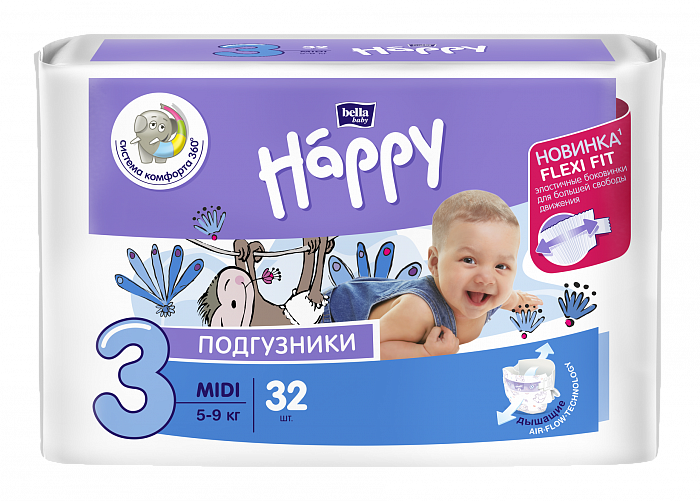 Bella Baby Happy midi Подгузники гигиенические для детей (Flexi Fit), 32 шт