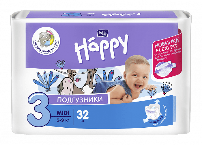 Bella Baby Happy midi Подгузники гигиенические для детей (Flexi Fit), 32 шт