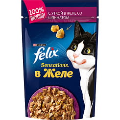 FELIX Sensations в желе Корм консервированный полнорационный для взрослых кошек, с уткой в желе со шпинатом, 75 гр