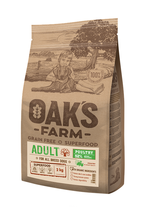 OAK'S FARM Полноценный беззерновой корм для взрослых собак всех пород Poultry/Домашняя птица 2кг