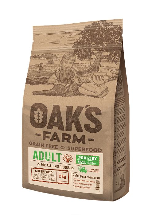 OAK'S FARM Полноценный беззерновой корм для взрослых собак всех пород Poultry/Домашняя птица 2кг