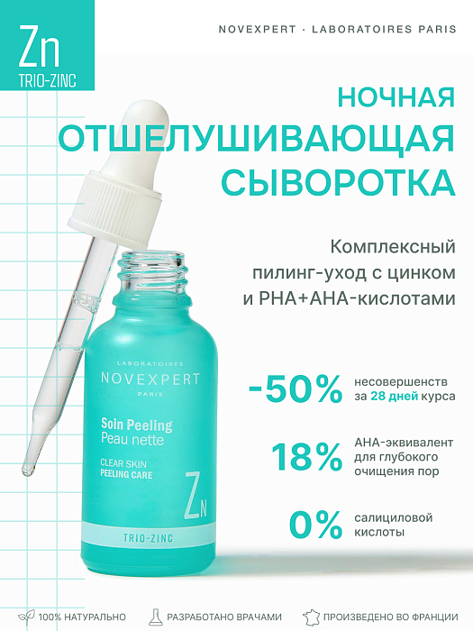 Novexpert Ночная отшелушивающая сыворотка с Цинком и PHA+AHA-кислотами 30 мл