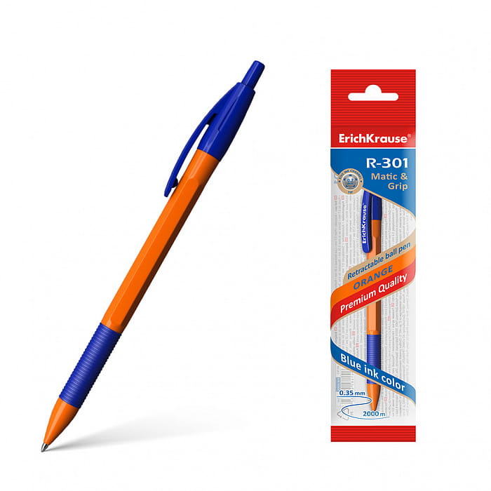 Erich Krause Ручка шариковая автоматич. R-301 Orange Matic&Grip 0.7, синий, в пакете