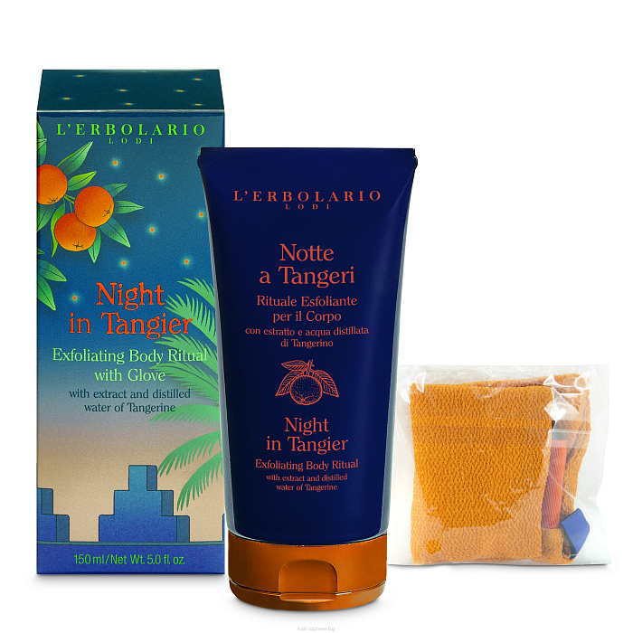 L'Erbolario НОЧЬ В ТАНЖЕРЕ Отшелушивающий ритуал для тела: Парфюмированный очищающий Крем 150 мл + отшелушивающая варежка