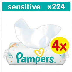 PAMPERS Sensitive Детские влажные салфетки, 4 уп по 56 шт