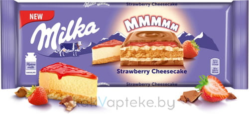 Milka Шоколад мол Strawberry Cheesecake с нач со вкус чизкейка, клубничной нач и печеньем, 300 г