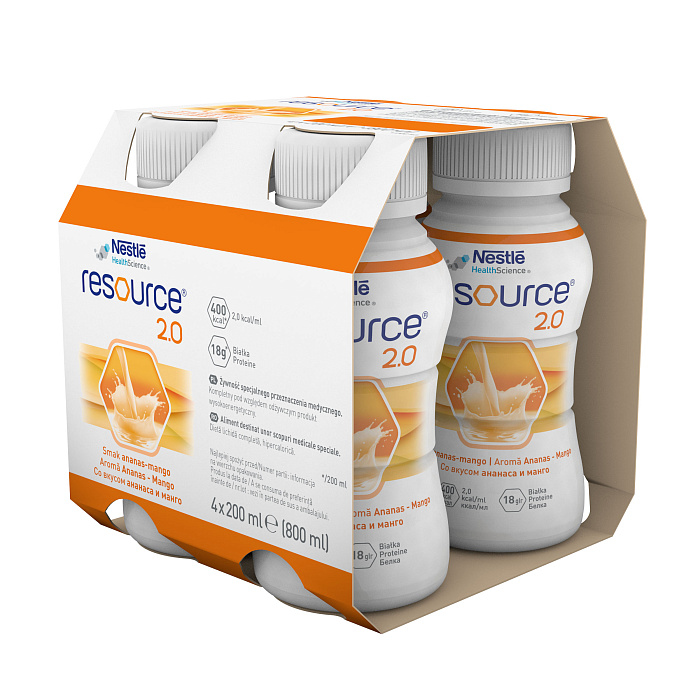 Ресурс 2.0 Специализированная пищевая продукция лечебно-профилактического питания, готовая к употреблению полноценная сбалансированная высококалорийная смесь со вкусом Ананаса и Манго для энтерального питания взрослых 200мл