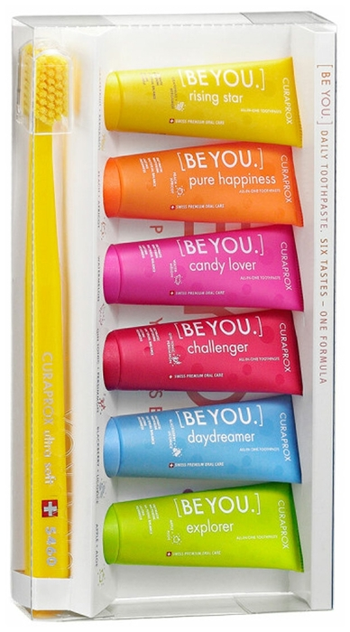 Curaprox Набор: Зубные пасты BE YOU (Шесть вкусов, 6х10 ml: Rising star + Explorer + Candy lover + Daydreamer+Challenger+Pure happiiness) + Зубная щетка д/взрослых (CS5460)