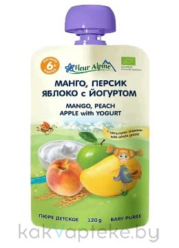 Пюре фруктовое-молочное "Манго, персик, яблоко с йогуртом" с 6 мес для дет/питания Fleur Alpine 120г
