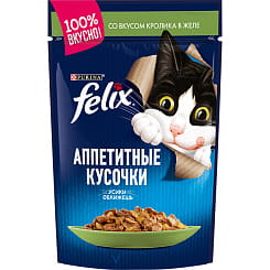 FELIX Аппетитные кусочки Корм консервированный полнорационный для взрослых кошек, со вкусом кролика в желе,75 гр