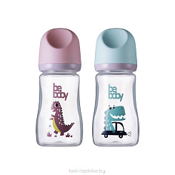 Bebaby Бутылочка пластиковая, антиколиковая, широкое горлышко, в комплекте силиконовая соска с антиколиковым клапаном, круглая, медленный поток, 3 мес+ (голубой, розовый) ,арт. R-01B/240  240 мл