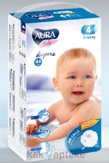 AURA baby Детские одноразовые подгузники ( 4L, 7-14 кг), 44 шт