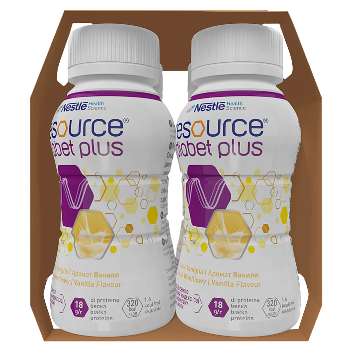 Ресурс Диабет Плюс Специализированный продукт диетического профилактического питания, высококалорийная готовая к употреблению жидкая смесь с пищевыми волокнами с ароматом ванили (для детей от 6 лет и взрослых), 4 шт х 200 мл