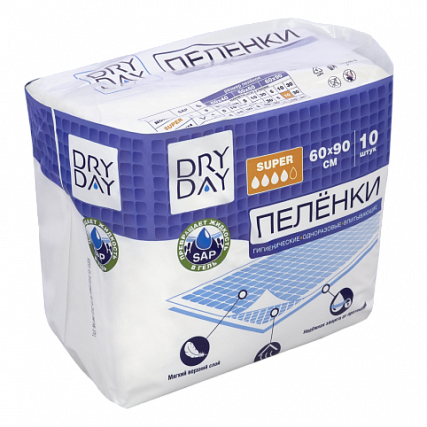 DRY DAY Пеленки гигиенические одноразовые впитывающие Super 60x90, 10шт