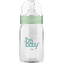 Bebaby Бутылочка для кормления пластиковая, антиколиковая, стандартное горлышко, в комплекте силиконовая соска с антиколиковым клапаном, круглая, мини поток, 0 мес+ (голубой, розовый,зеленый, арт.R-06B/125, 125 мл