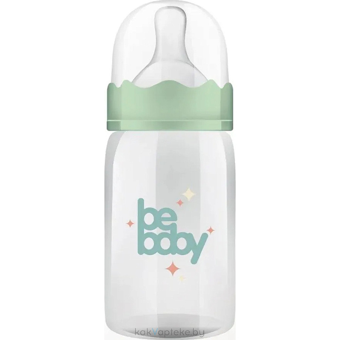 Bebaby Бутылочка для кормления пластиковая, антиколиковая, стандартное горлышко, в комплекте силиконовая соска с антиколиковым клапаном, круглая, мини поток, 0 мес+ (голубой, розовый,зеленый, арт.R-06B/125, 125 мл
