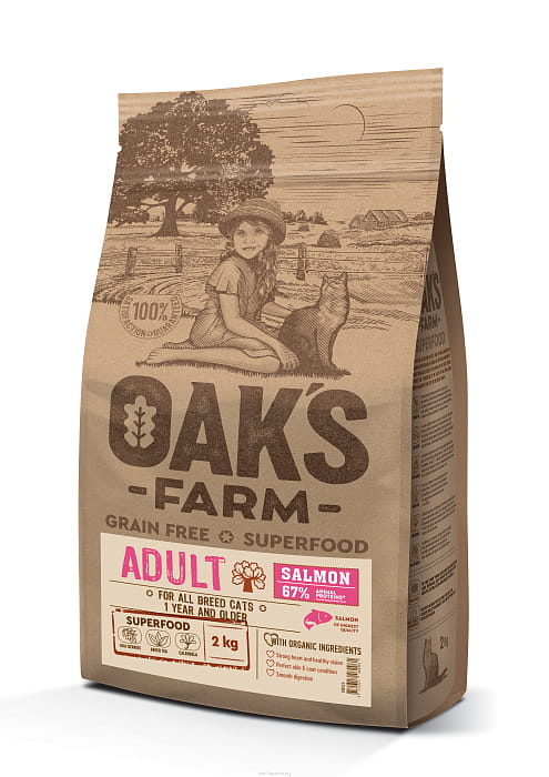 OAK'S FARM Полноценный беззерновой корм для взрослых кошек Salmon / Лосось.  2кг