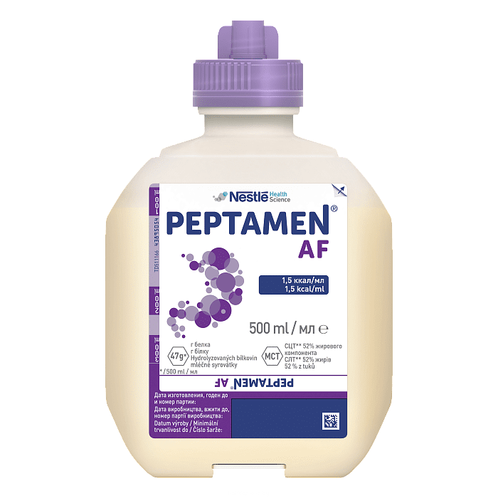 Пептамен АФ Специализированный продукт диетического лечебного питания,
жидкая полноценная сбалансированная высококалорийная смесь на основе гидролизованного
 белка  молочной  сыворотки с нейтр. вкусом для энтер. пит. дет.
 старше 10 лет и взр., 500 мл