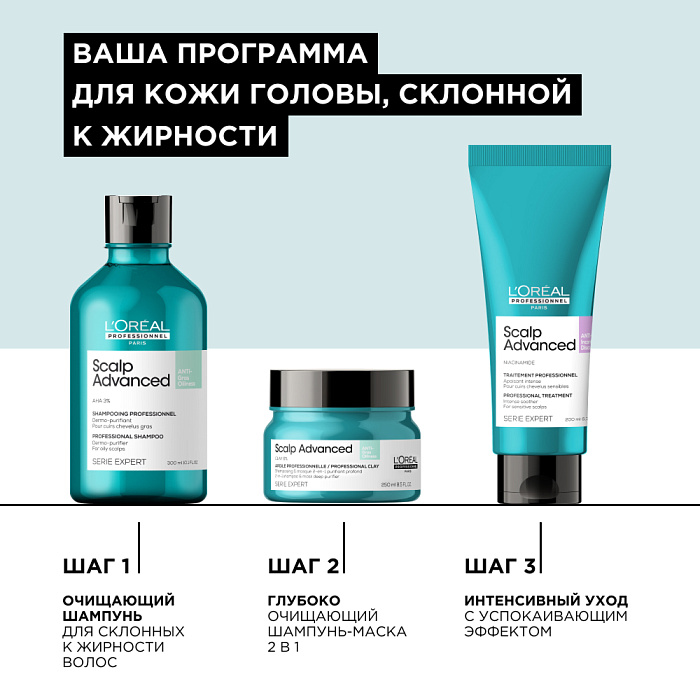 L'Oreal Professionnel Шампунь-маска 2-в-1 глубоко очищающий для кожи головы склонной к жирности «Scalp Advanced» гаммы «Serie Expert»,250 мл